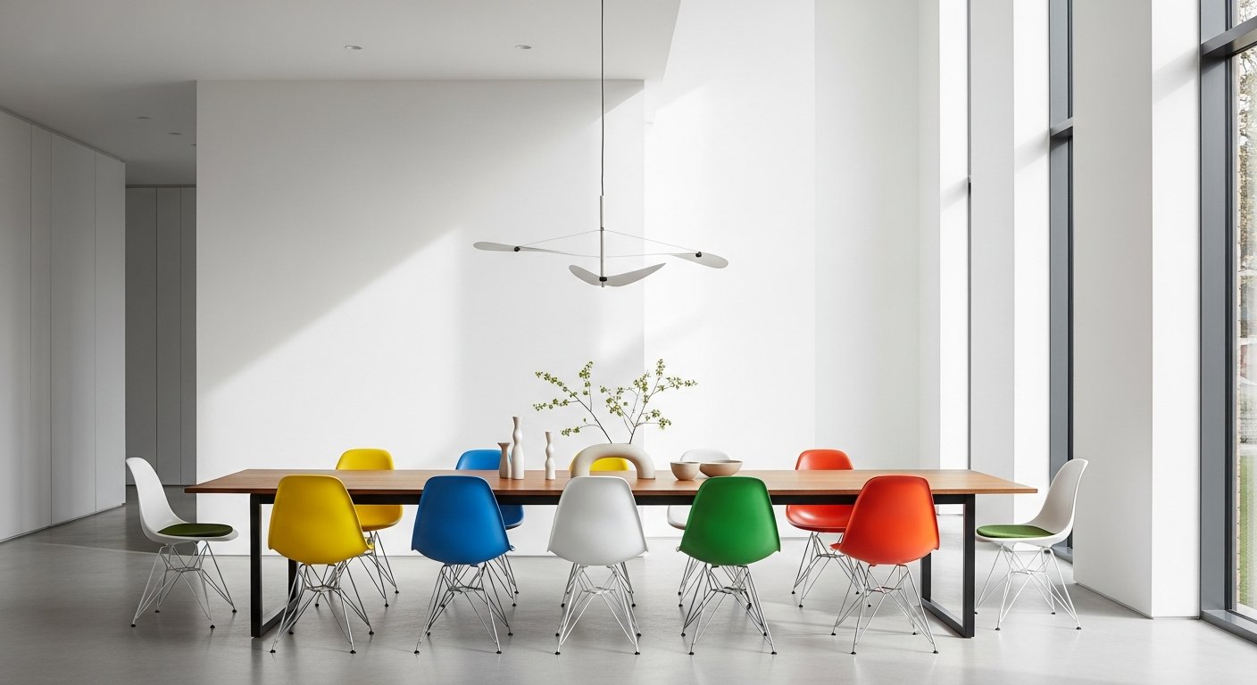 Sala de jantar minimalista com mix de cadeiras modernas em cores variadas