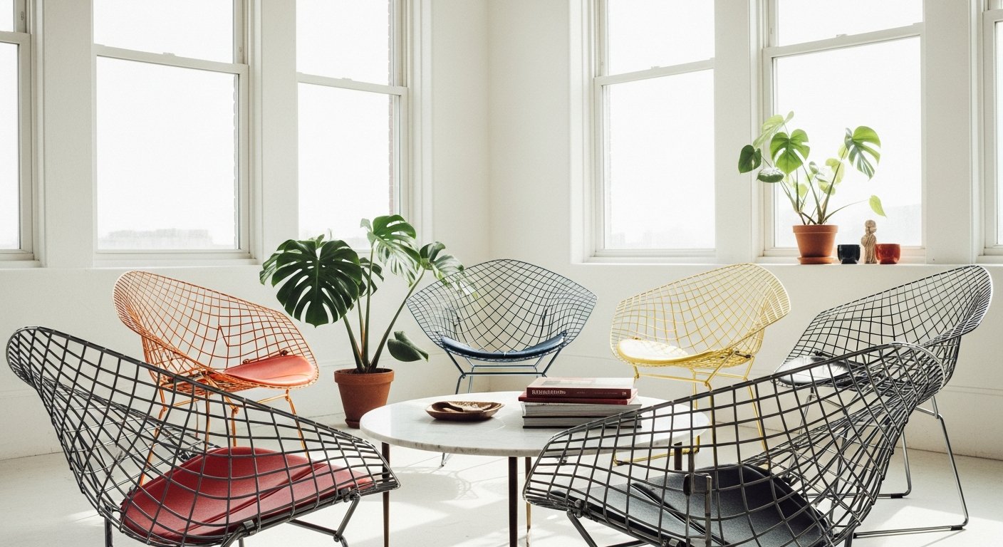 Cadeiras Eames DKR em versões multicoloridas em ambiente branco luminoso