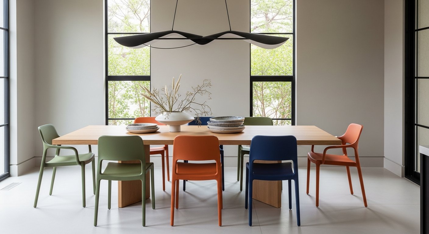 Área de jantar moderna com cadeiras de design coloridas contra fundo neutro