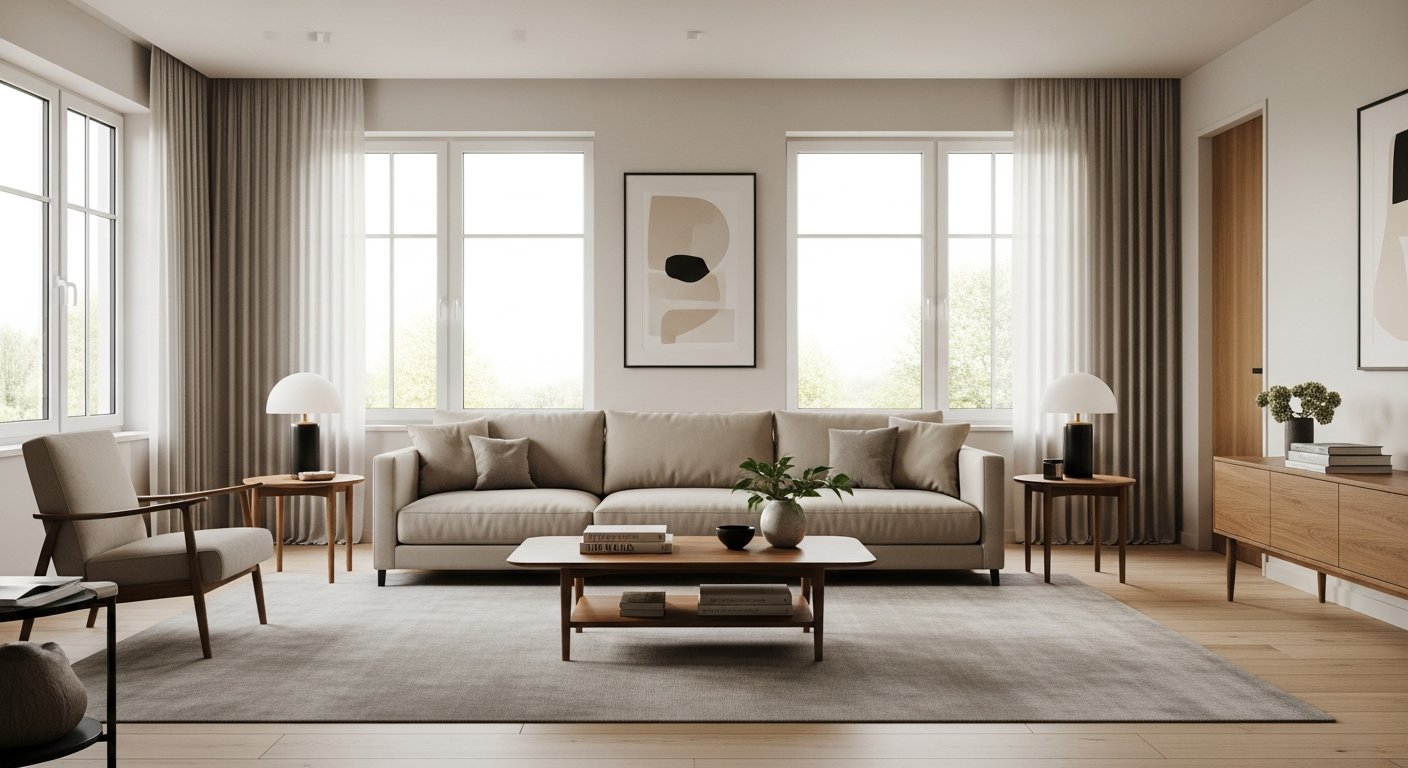 Sala de estar moderna planejada com decorador online e móveis de design