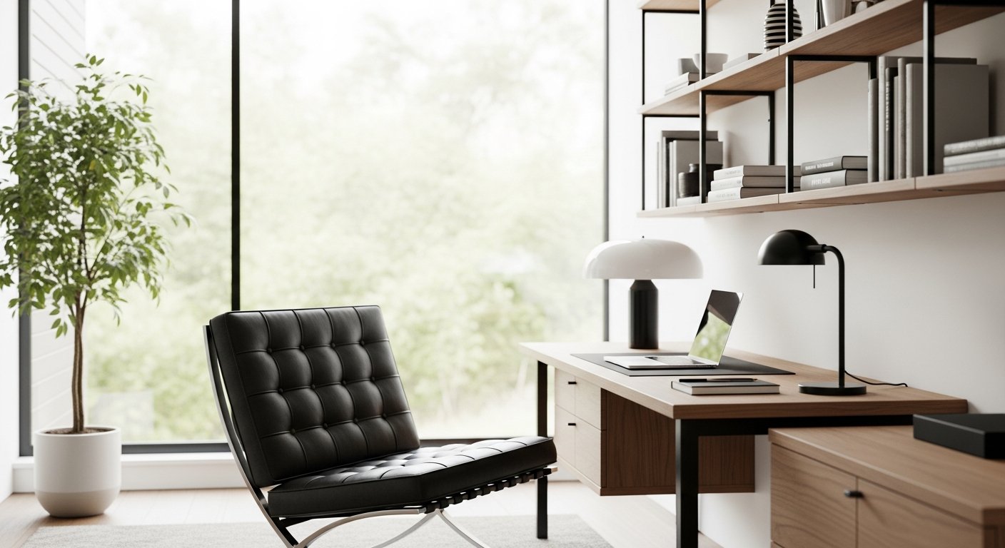 Escritório em casa com móveis de design e iluminação natural