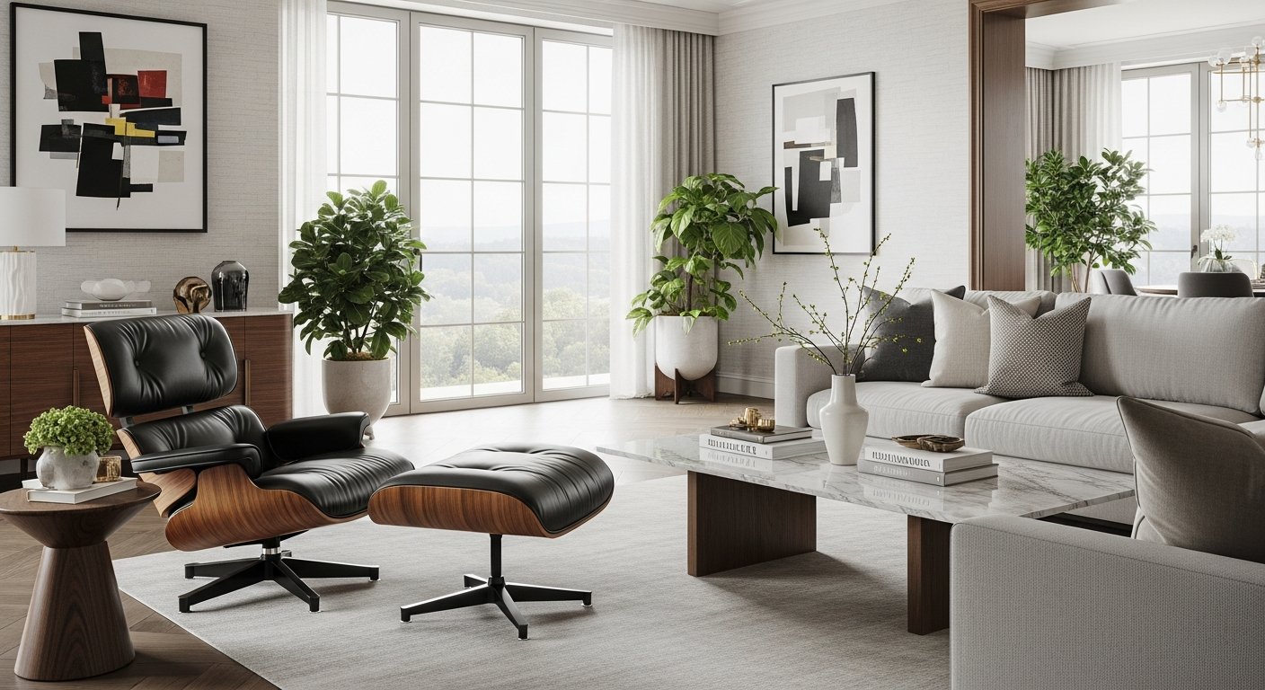 Sala de estar elegante com móveis icônicos e paleta neutra