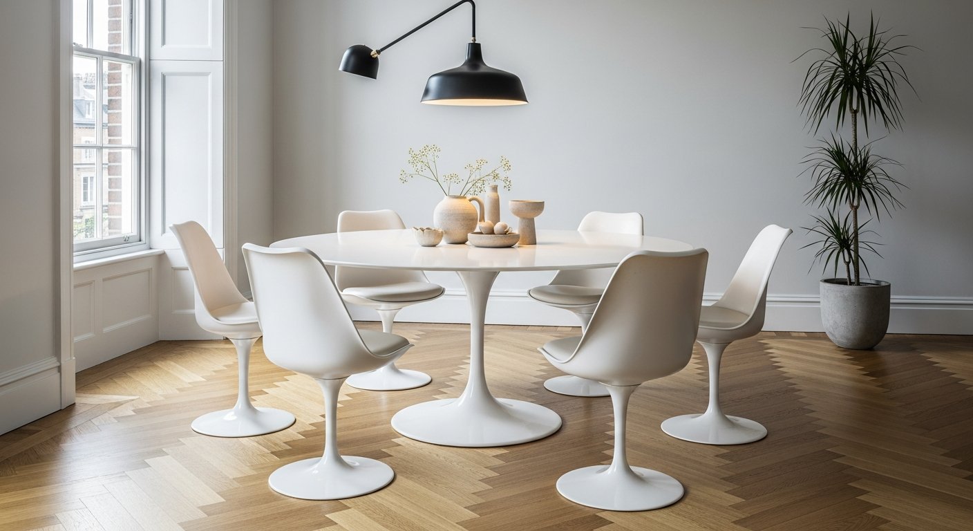 Área de jantar contemporânea com cadeiras clássicas e iluminação pendente