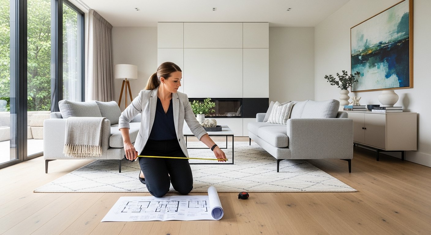 Designer de interiores realizando medições precisas para evitar erros no projeto