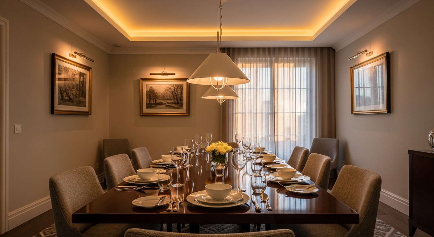 Sala de jantar com iluminação em camadas criando atmosfera adequada