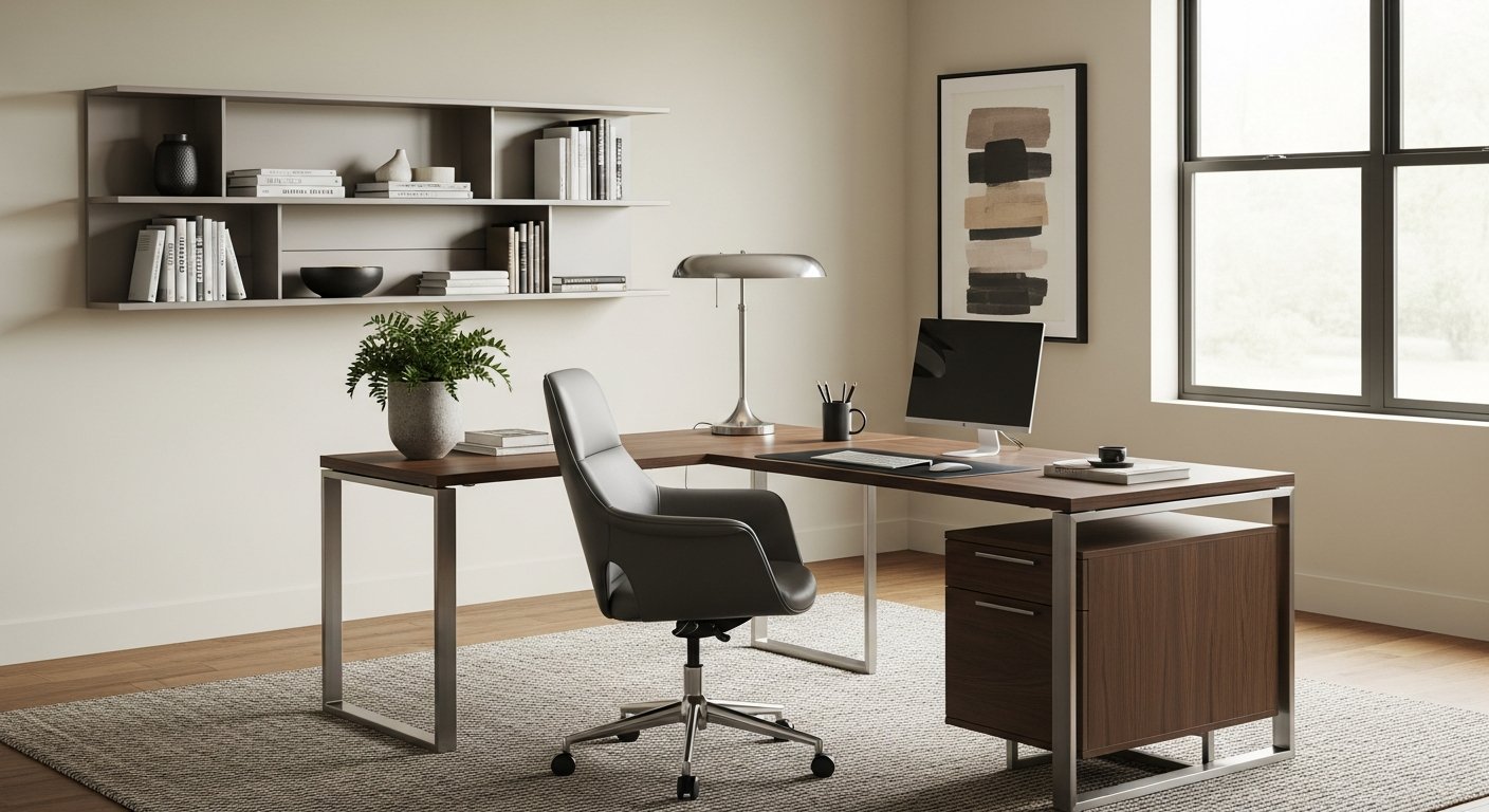 Home office com móveis em escala adequada e funcionalidade