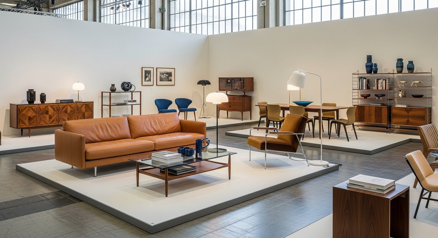 Exposição em Milão com móveis icônicos de design italiano em ambiente sofisticado