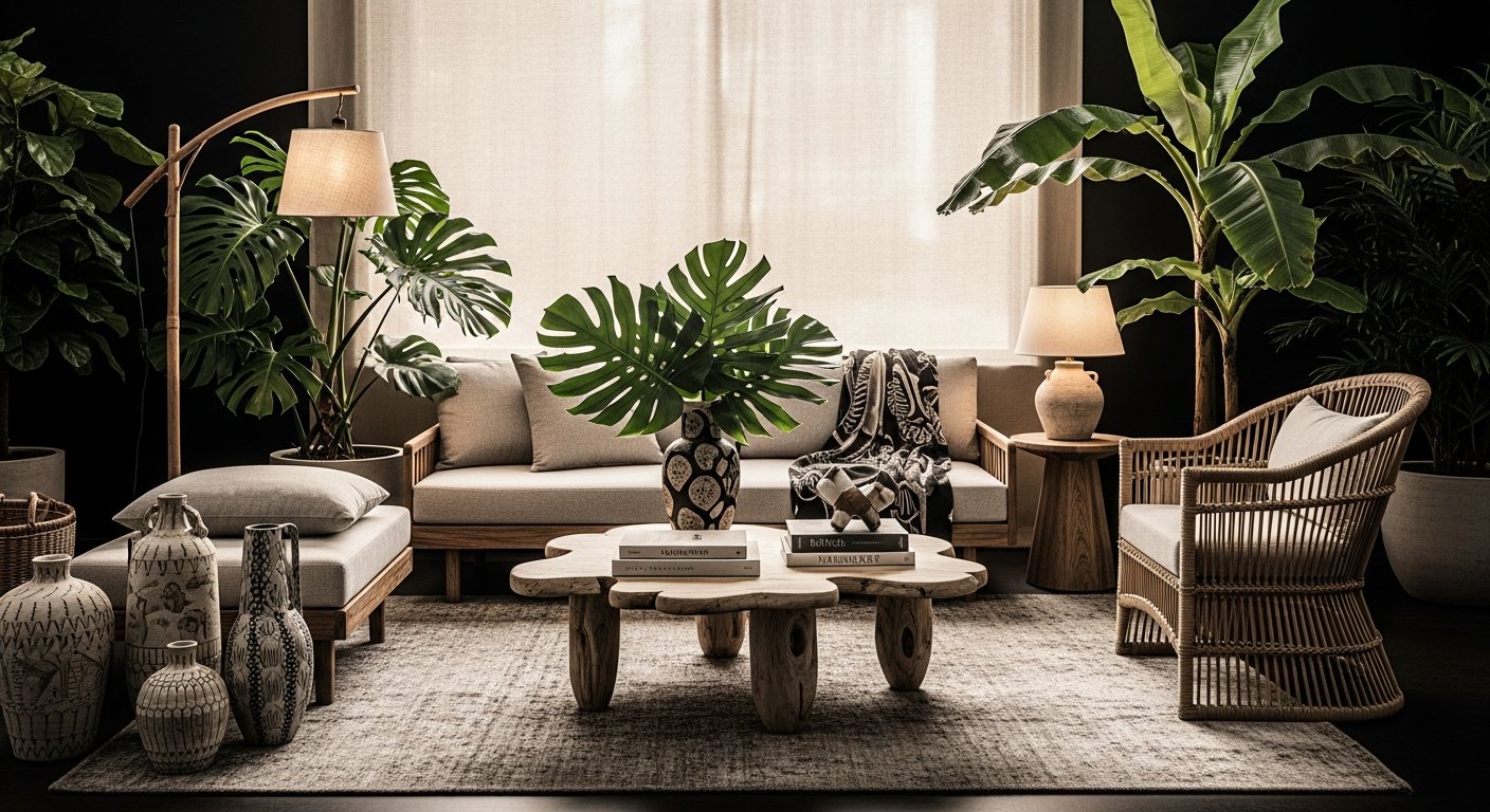 Mostra brasileira de design com sala de estar contemporânea e móveis sofisticados