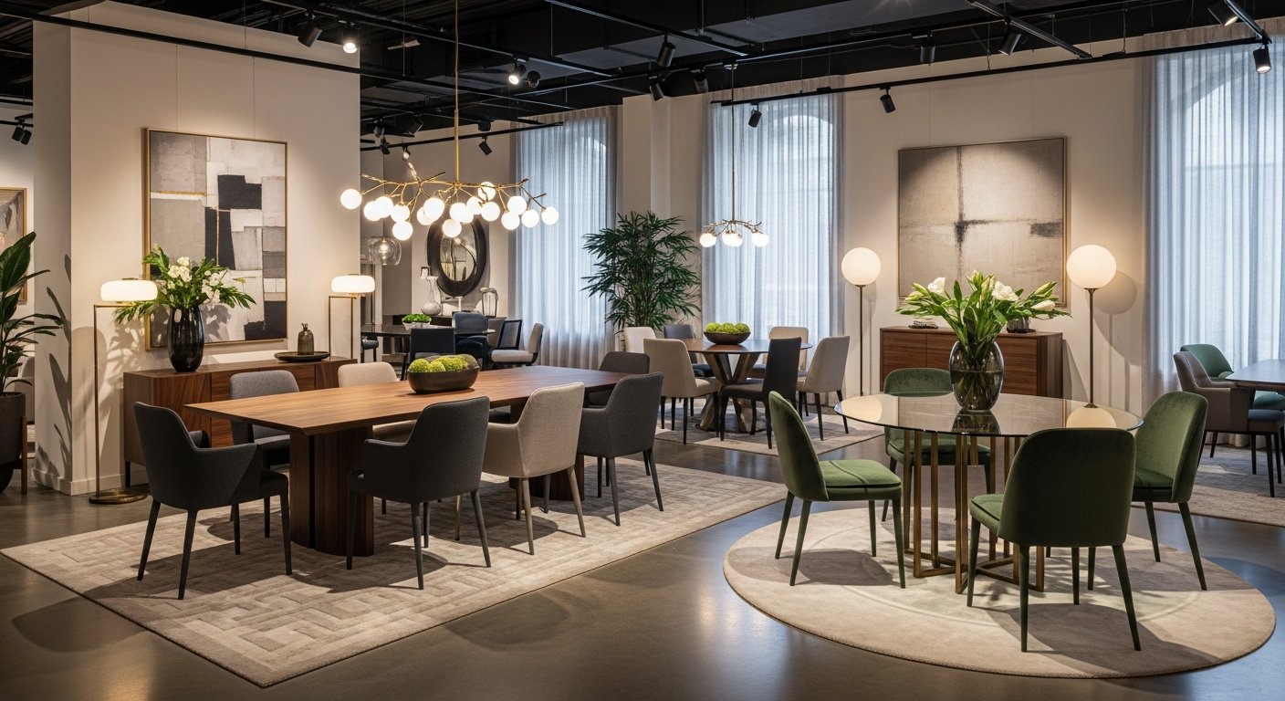 Showroom elegante com cadeiras e mesas de jantar de design em iluminação sofisticada