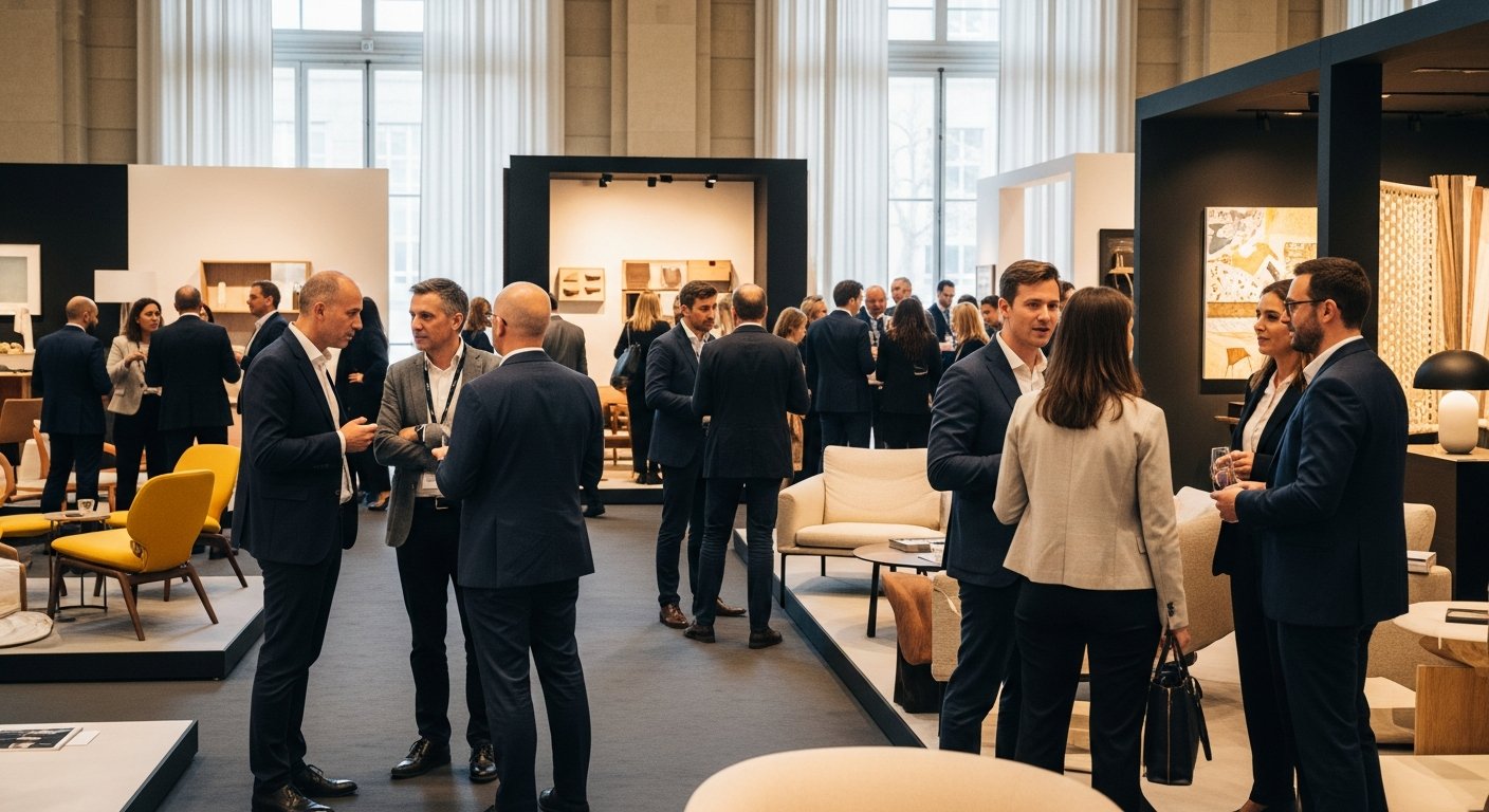 Networking profissional em exposição de design com ambiente elegante e moderno
