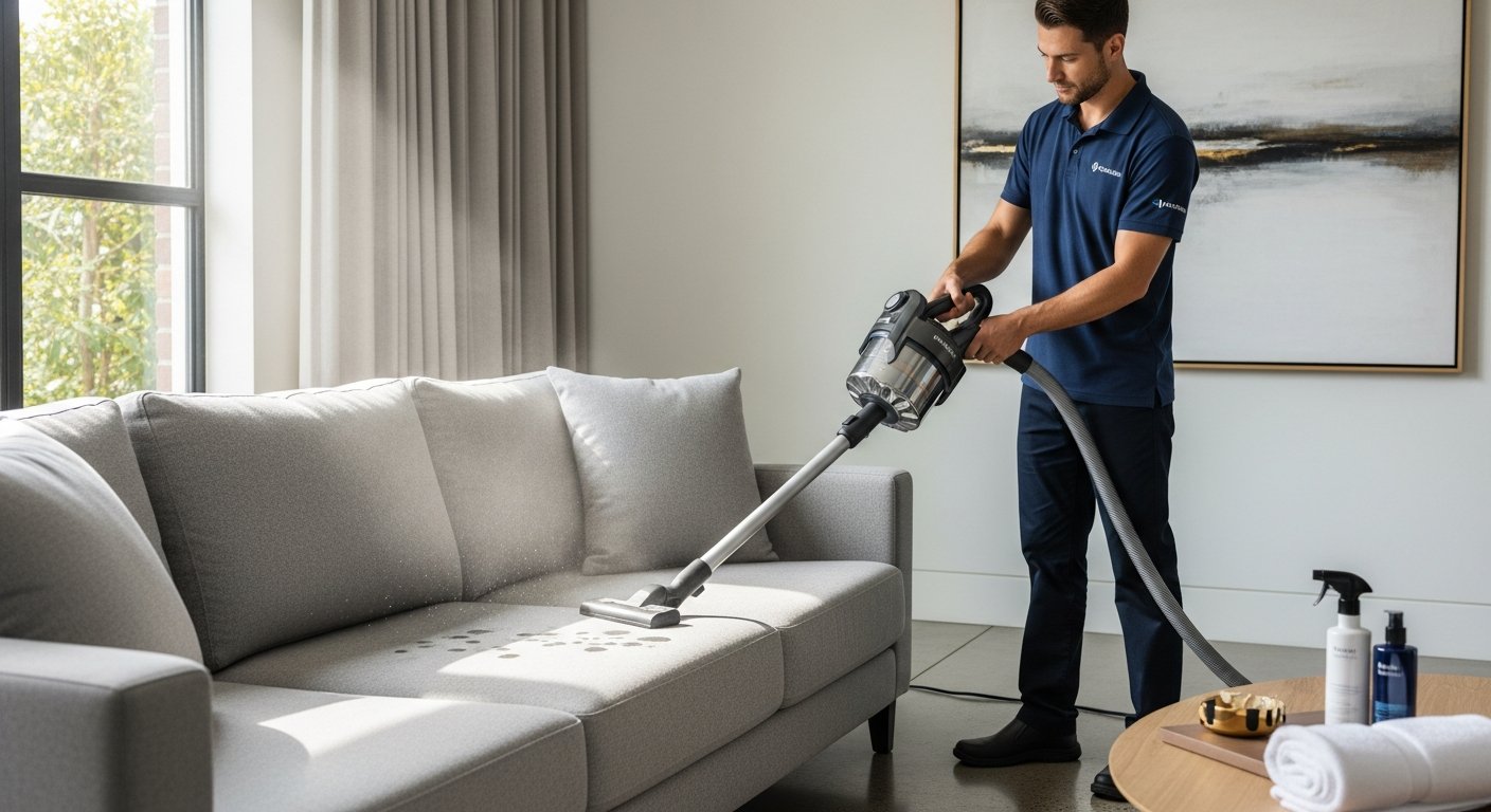 Aspiração de sofá impermeabilizado em rotina de manutenção profissional
