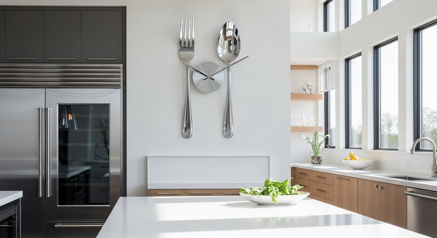 Relógio de parede com talheres reais em cozinha moderna