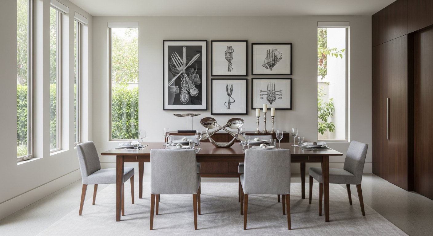 Sala de jantar decorada com elementos que dialogam com o universo gastronômico