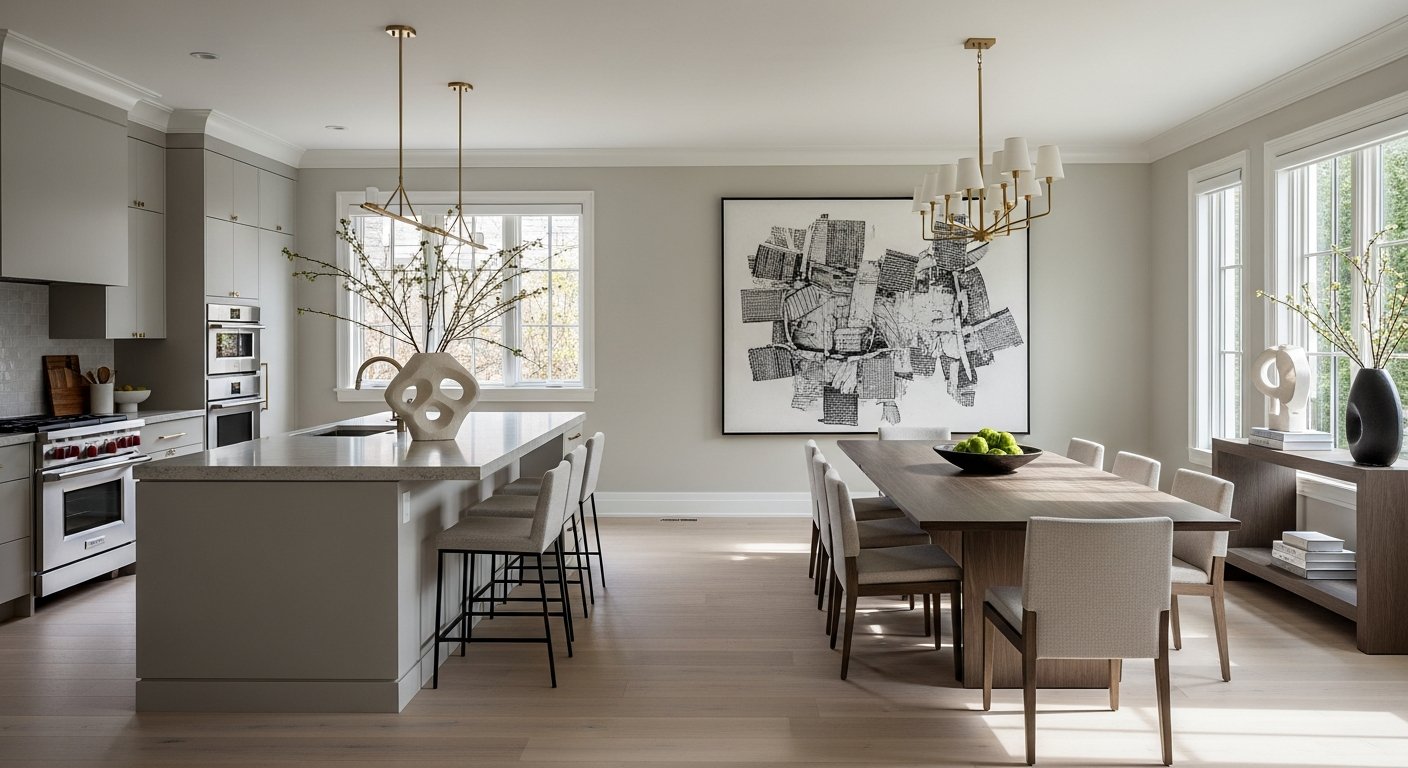 Área integrada de cozinha e jantar com ponto focal decorativo na parede
