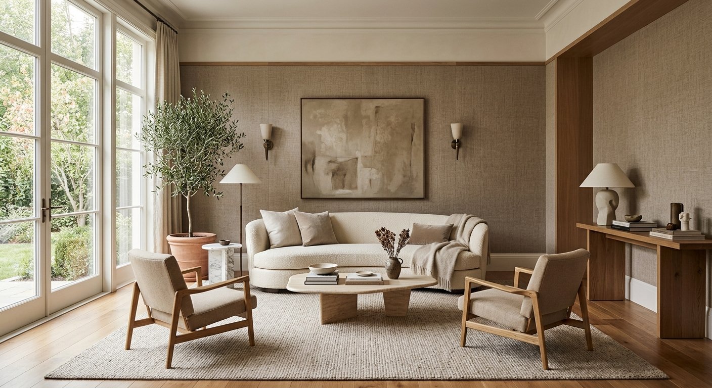 Sala elegante com parede revestida de tecido neutro e móveis de design