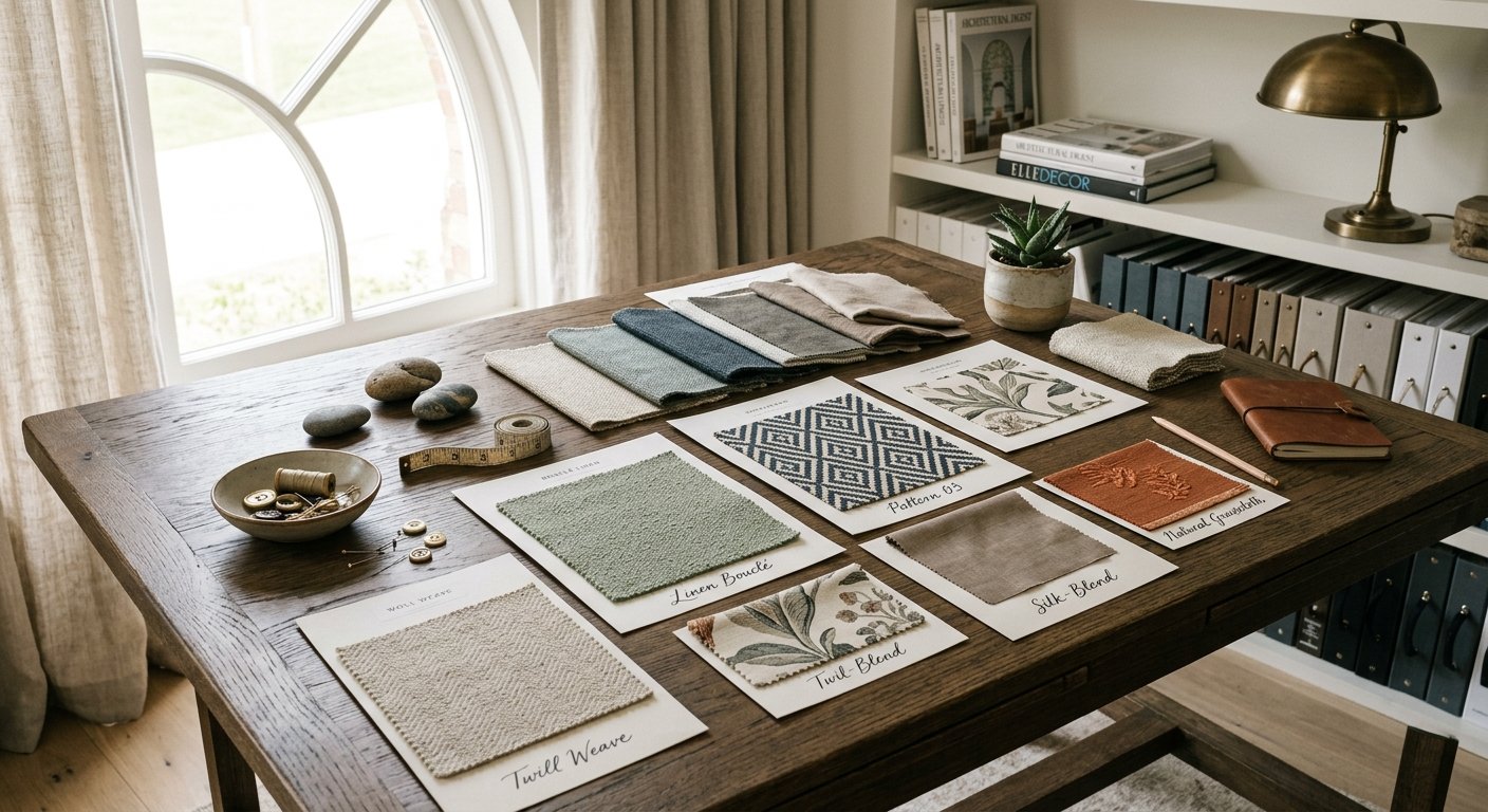 Amostras de tecidos variados para revestimento decorativo de parede