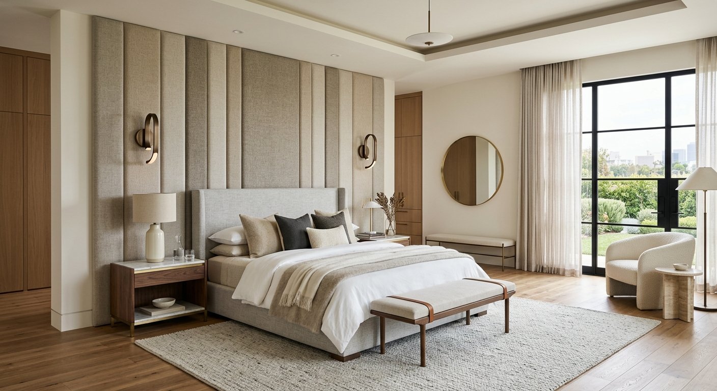 Quarto moderno com parede de tecido criando destaque elegante atrás da cama