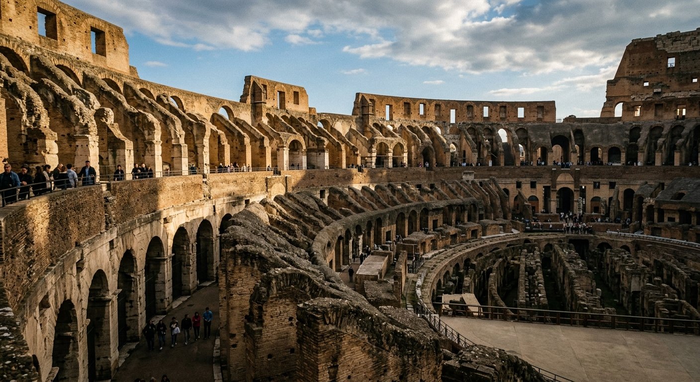 Interior do Coliseu Romano mostrando a engenharia avançada da construção antiga