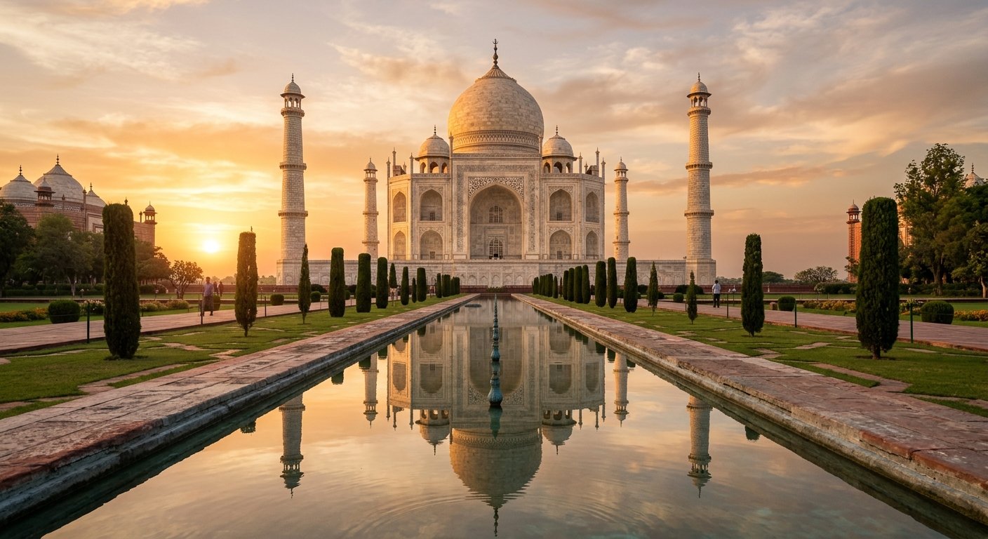 Taj Mahal em mármore branco representando a arquitetura mogol na Índia