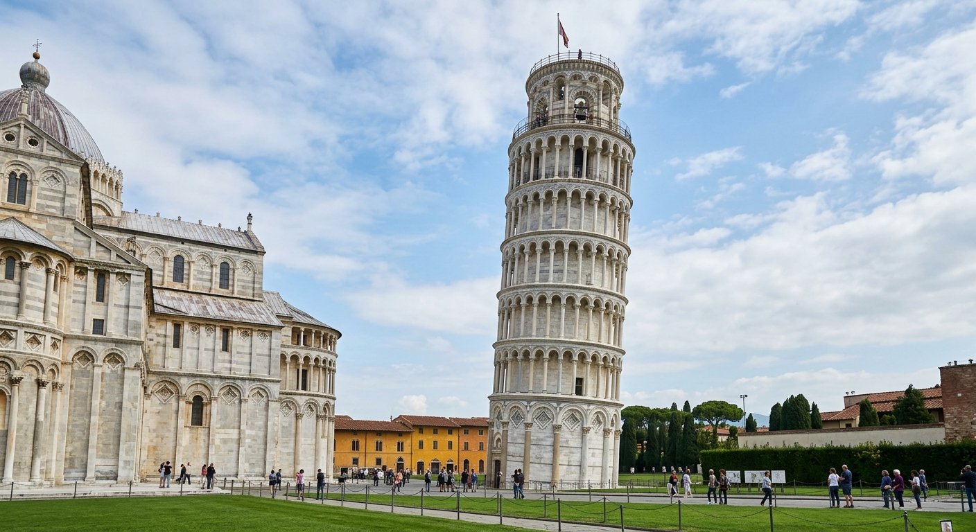 Torre de Pisa inclinada mostrando elementos românicos