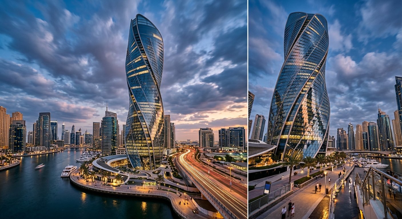 Arranha-céu futurista em Dubai com fachada curva e moderna