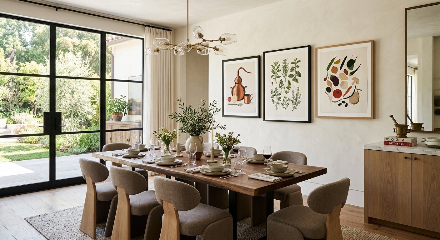 Sala de jantar contemporânea com decoração temática gastronômica na parede