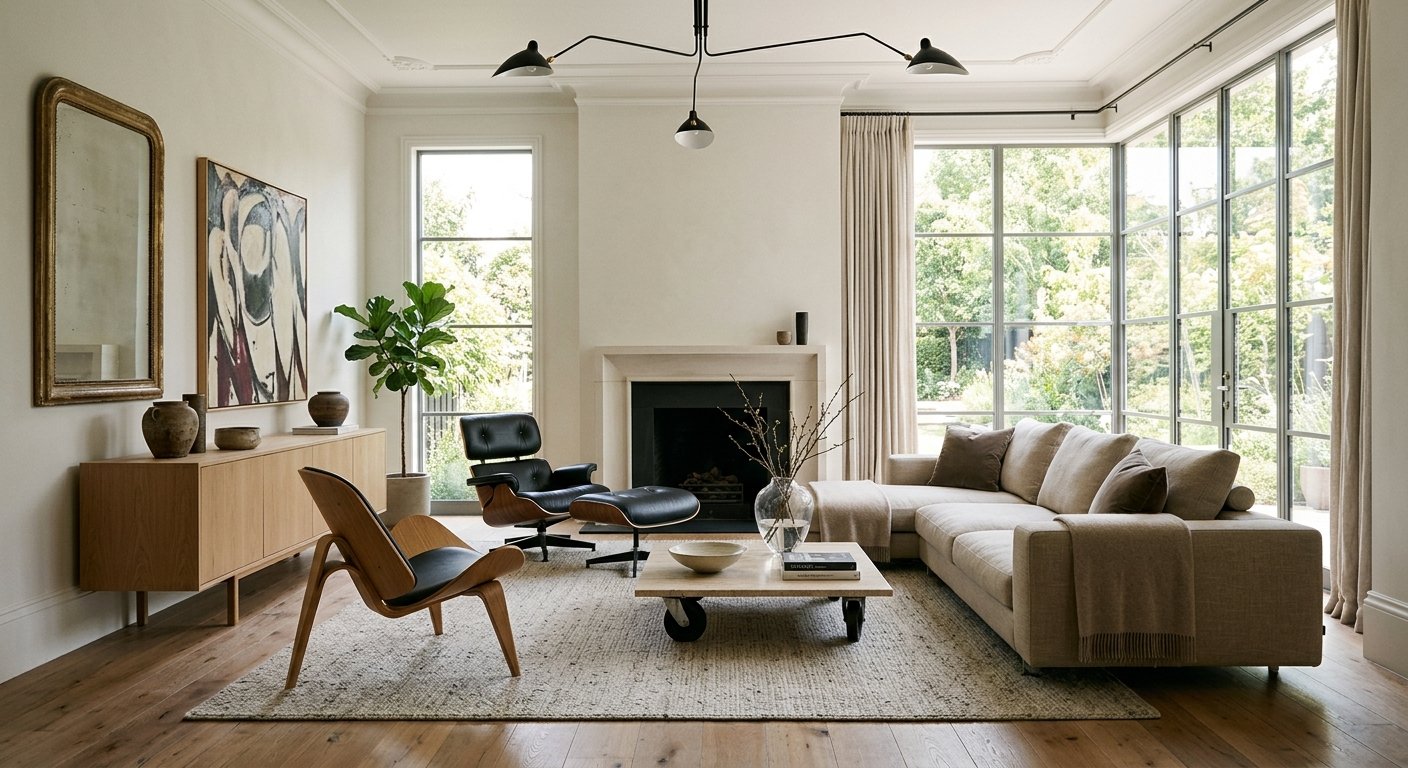 Ambiente contemporâneo com móveis de design atemporal